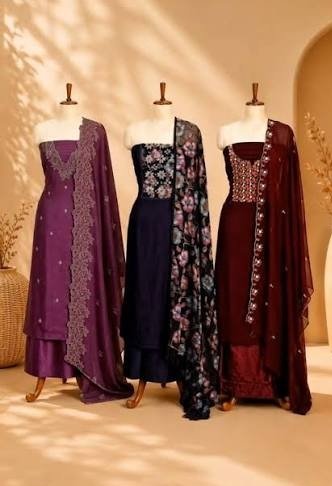 Three elegant churidar material designs in plum, navy floral and maroon