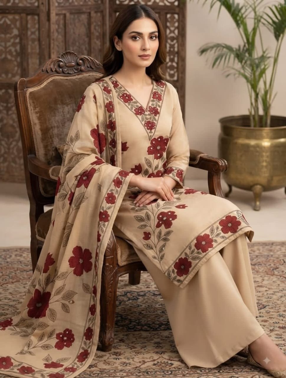 Pure Jaam Satin Embroidered Churidar Material – Beige & Red Floral