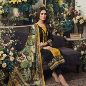 Pure Jaam Satin Embroidered Churidar Material – Black & Mustard Floral