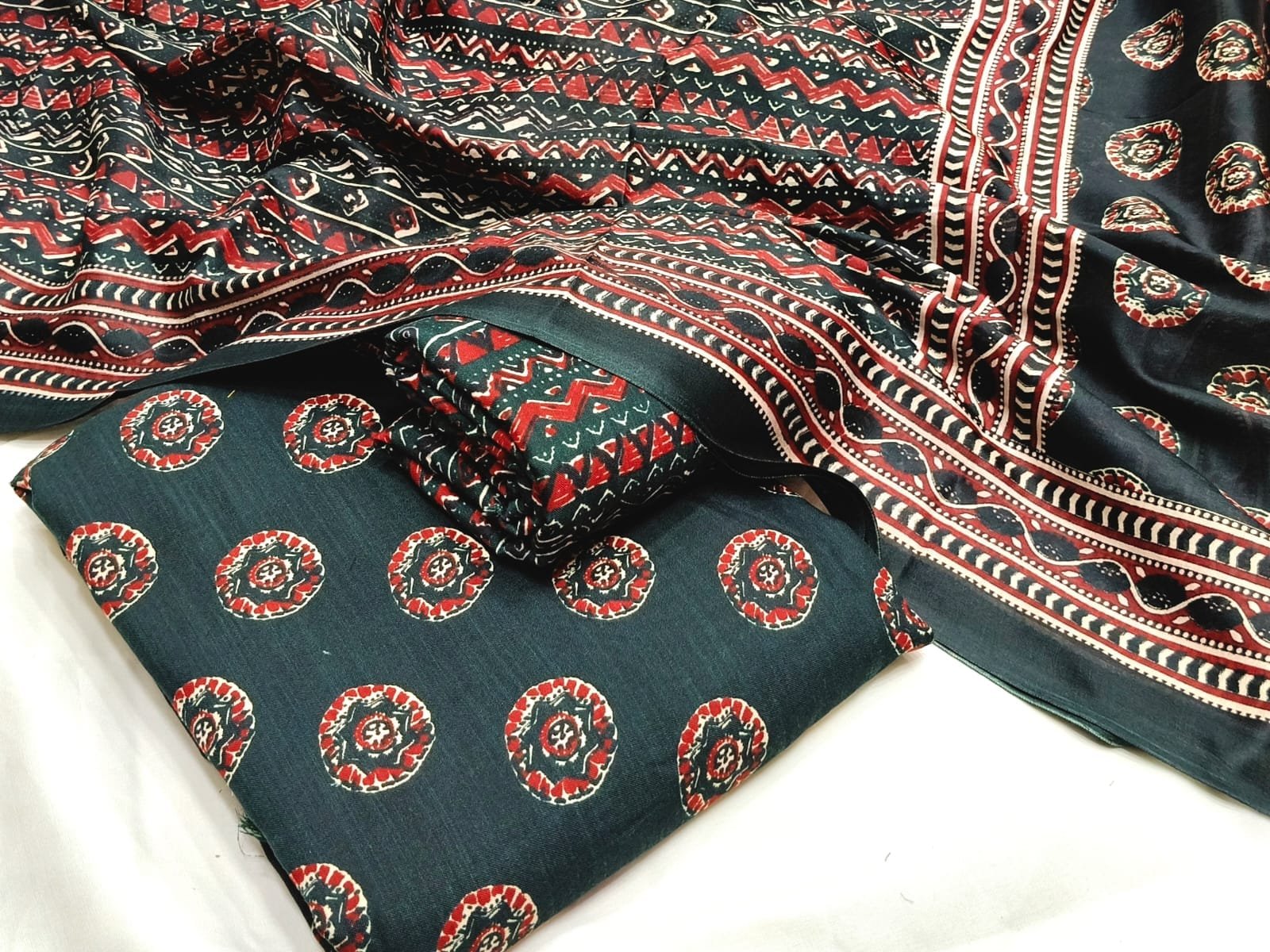 Original Rayon Jaipuri Print Churidar Material – Black & Red Ajrak