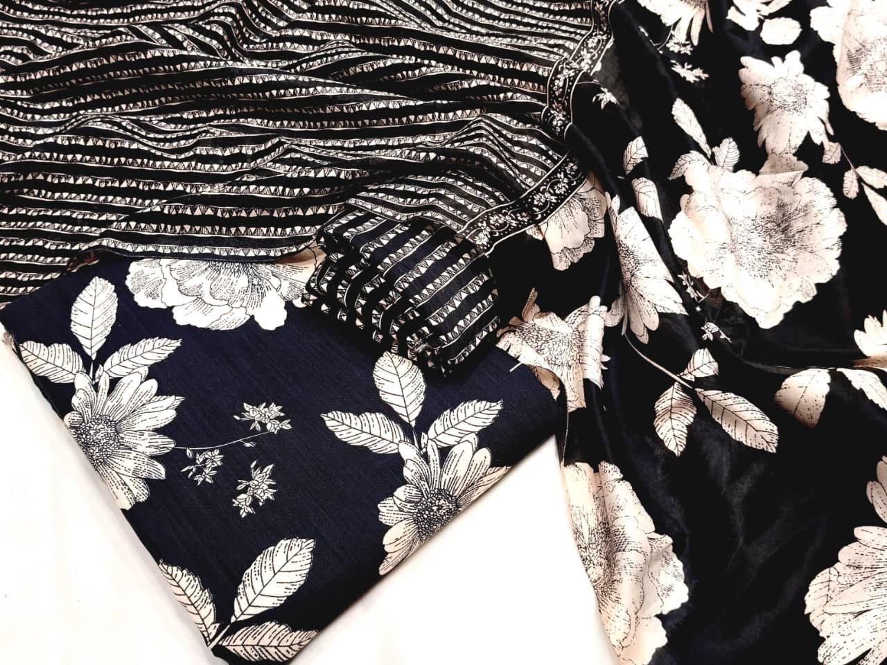 Original Rayon Jaipuri Print Churidar Material – Black & White Floral