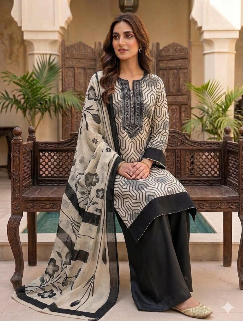 Pure Jaam Satin Embroidered Churidar Material – Black & White Geometric