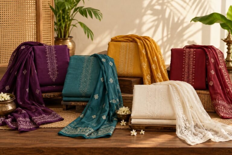 Colourful unstitched churidar materials available from Khalq Churidar in Kerala