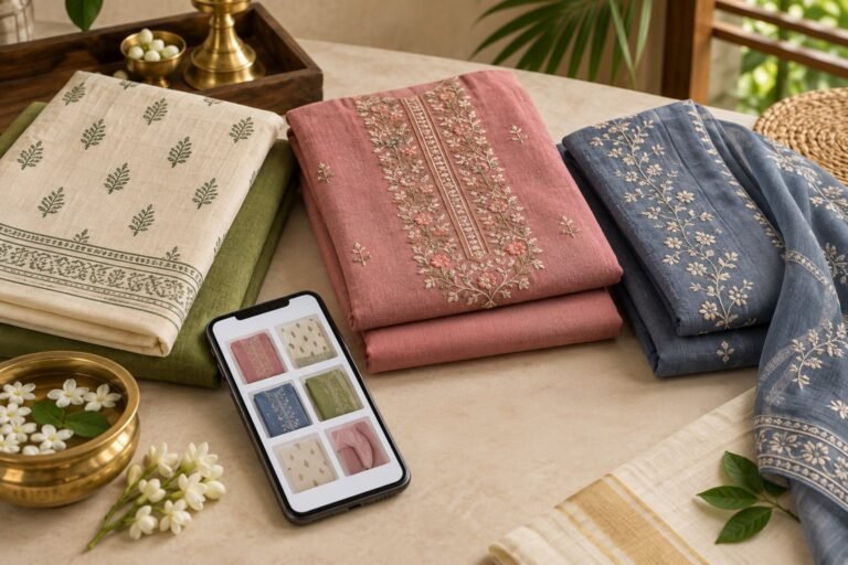 Shopping for unstitched churidar material online in Kerala using a mobile phone