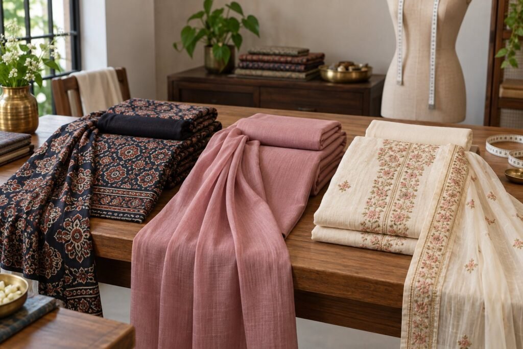 Ajrakh and cotton churidar materials available for Kunnamkulam customers