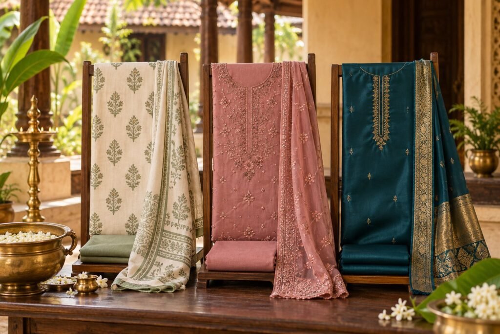 Cotton and embroidered churidar materials for customers in Thrissur