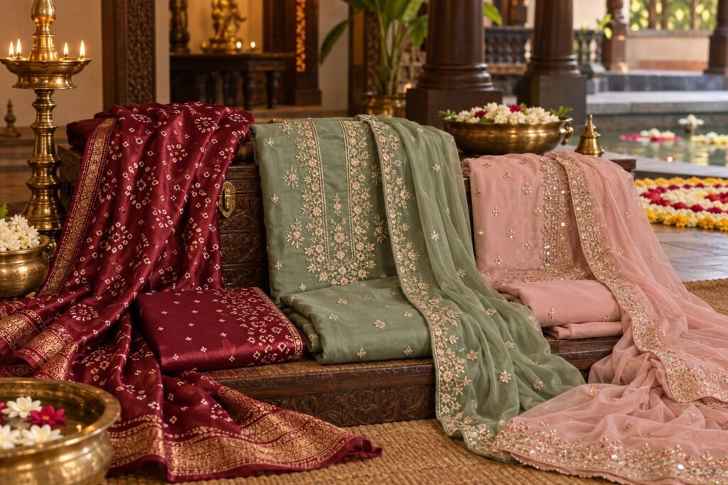 Embroidered festive and wedding churidar materials in Kerala