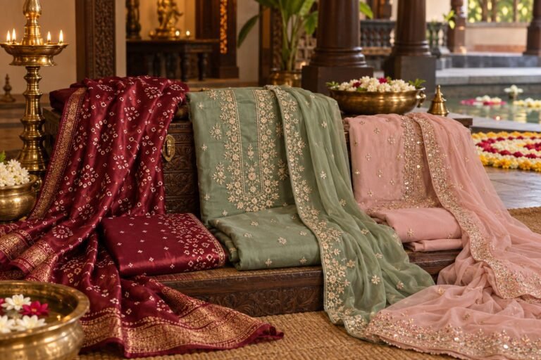 Embroidered festive and wedding churidar materials in Kerala