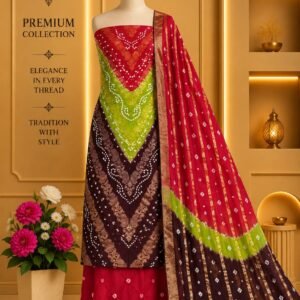 Satin Zari Hand Bandhani Churidar Material – Design 01 – Red, Lime & Brown