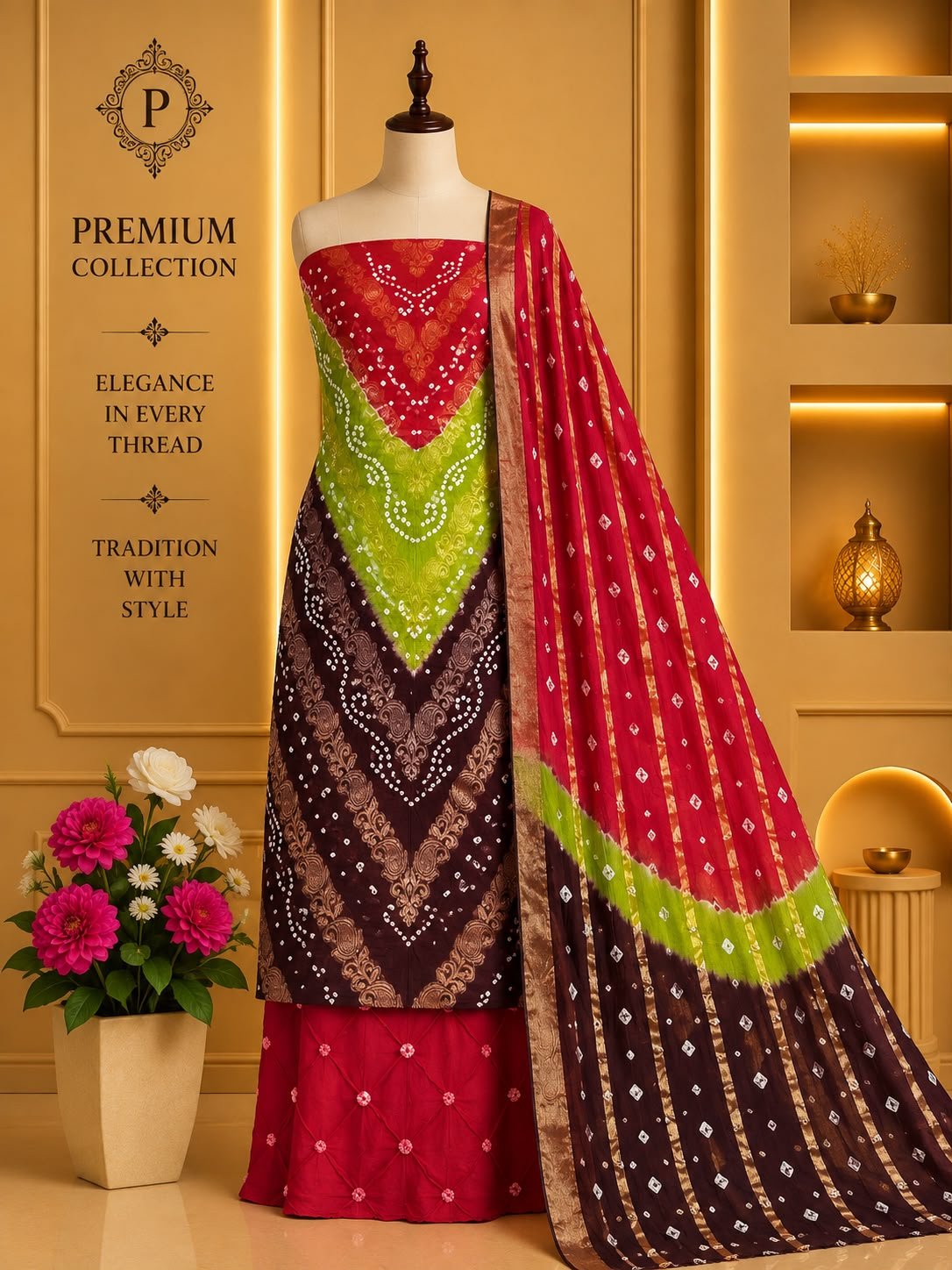 Satin Zari Hand Bandhani Churidar Material – Design 01 – Red, Lime & Brown
