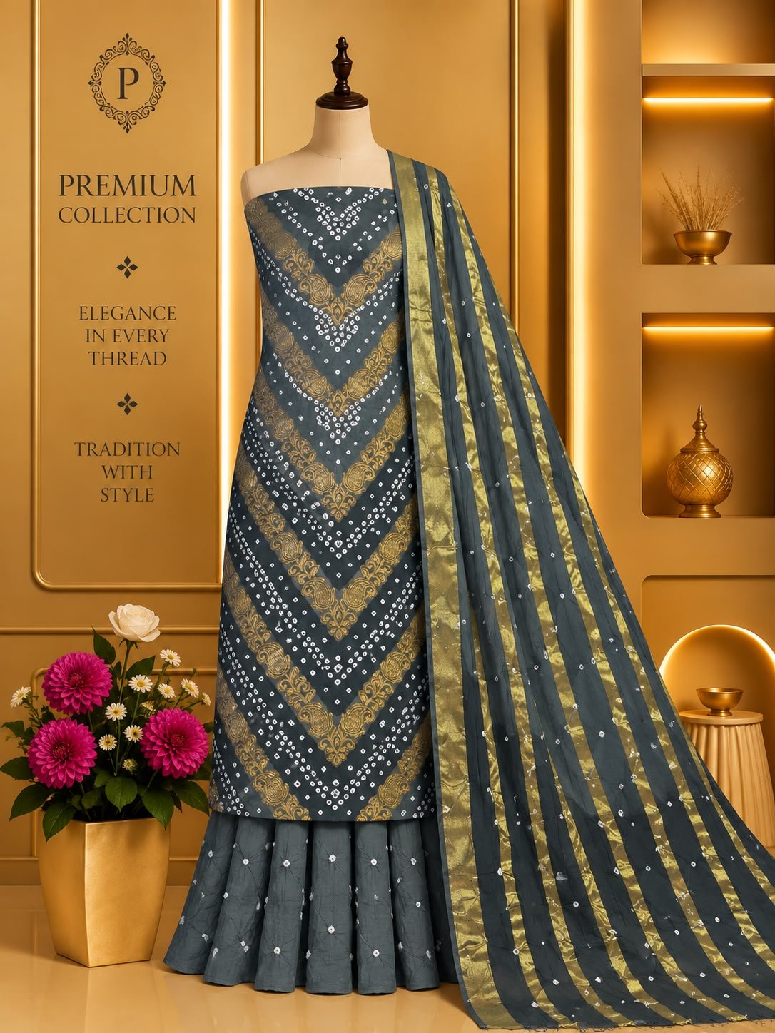 Satin Zari Hand Bandhani Churidar Material – Design 02 – Charcoal & Gold