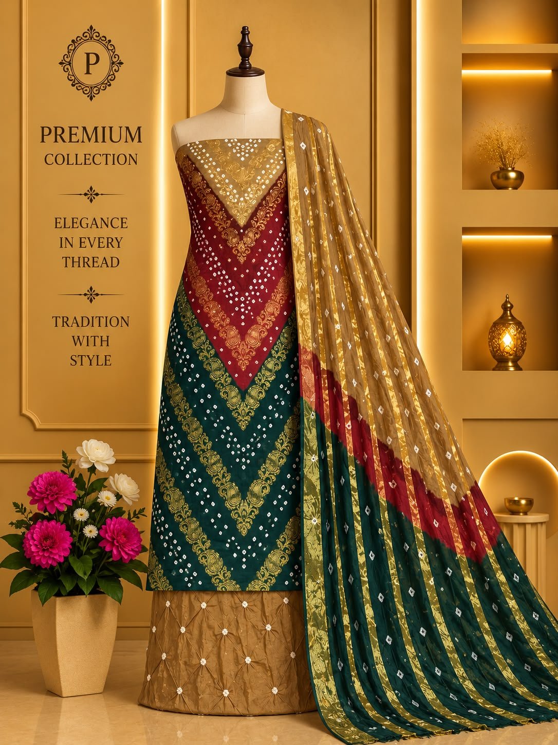 Satin Zari Hand Bandhani Churidar Material – Design 03 – Mustard, Maroon & Teal