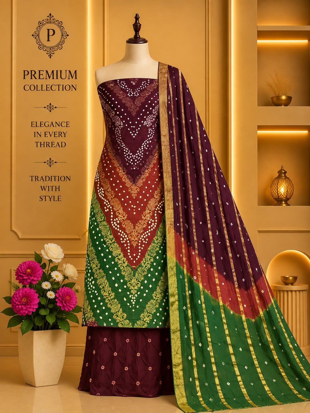Satin Zari Hand Bandhani Churidar Material – Design 06 – Plum, Rust & Green
