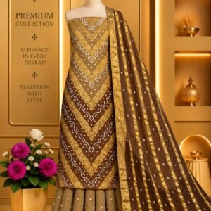 Satin Zari Hand Bandhani Churidar Material – Design 12 – Brown & Gold