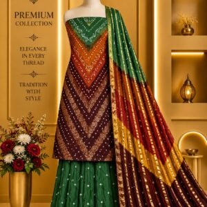 Satin Zari Hand Bandhani Churidar Material – Design 14 – Green, Rust & Maroon
