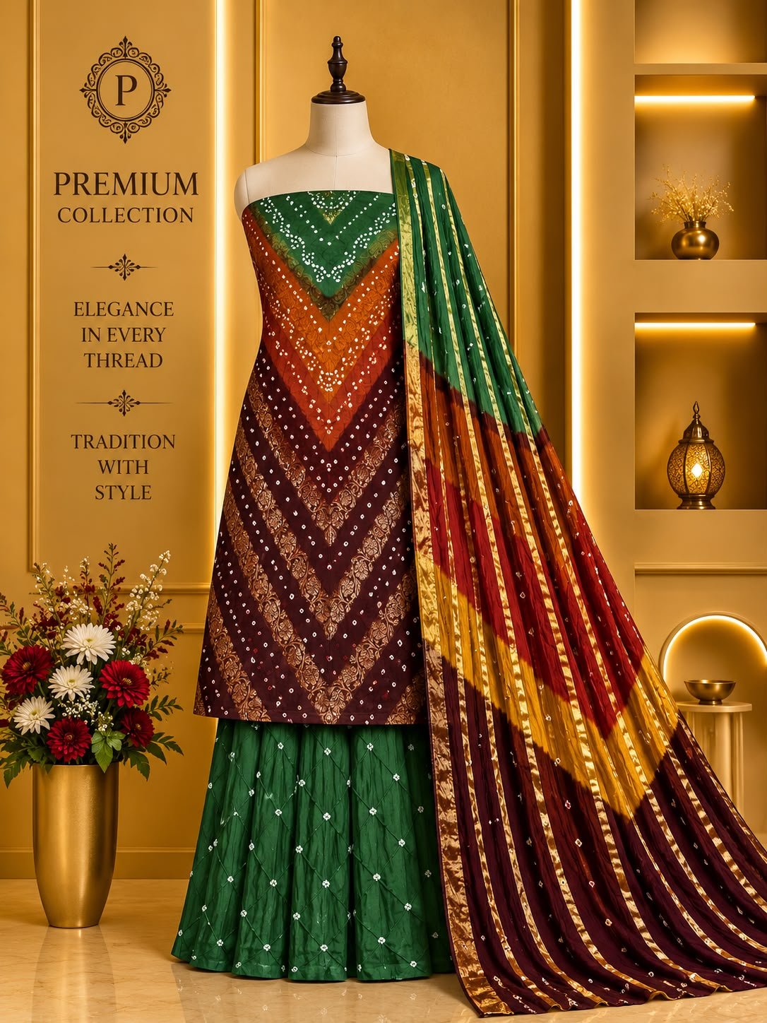Satin Zari Hand Bandhani Churidar Material – Design 14 – Green, Rust & Maroon