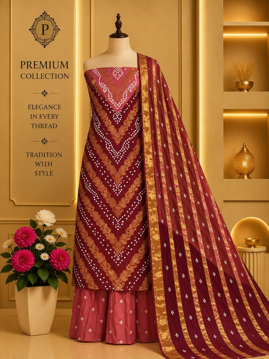 Satin Zari Hand Bandhani Churidar Material – Design 16 – Rose & Maroon