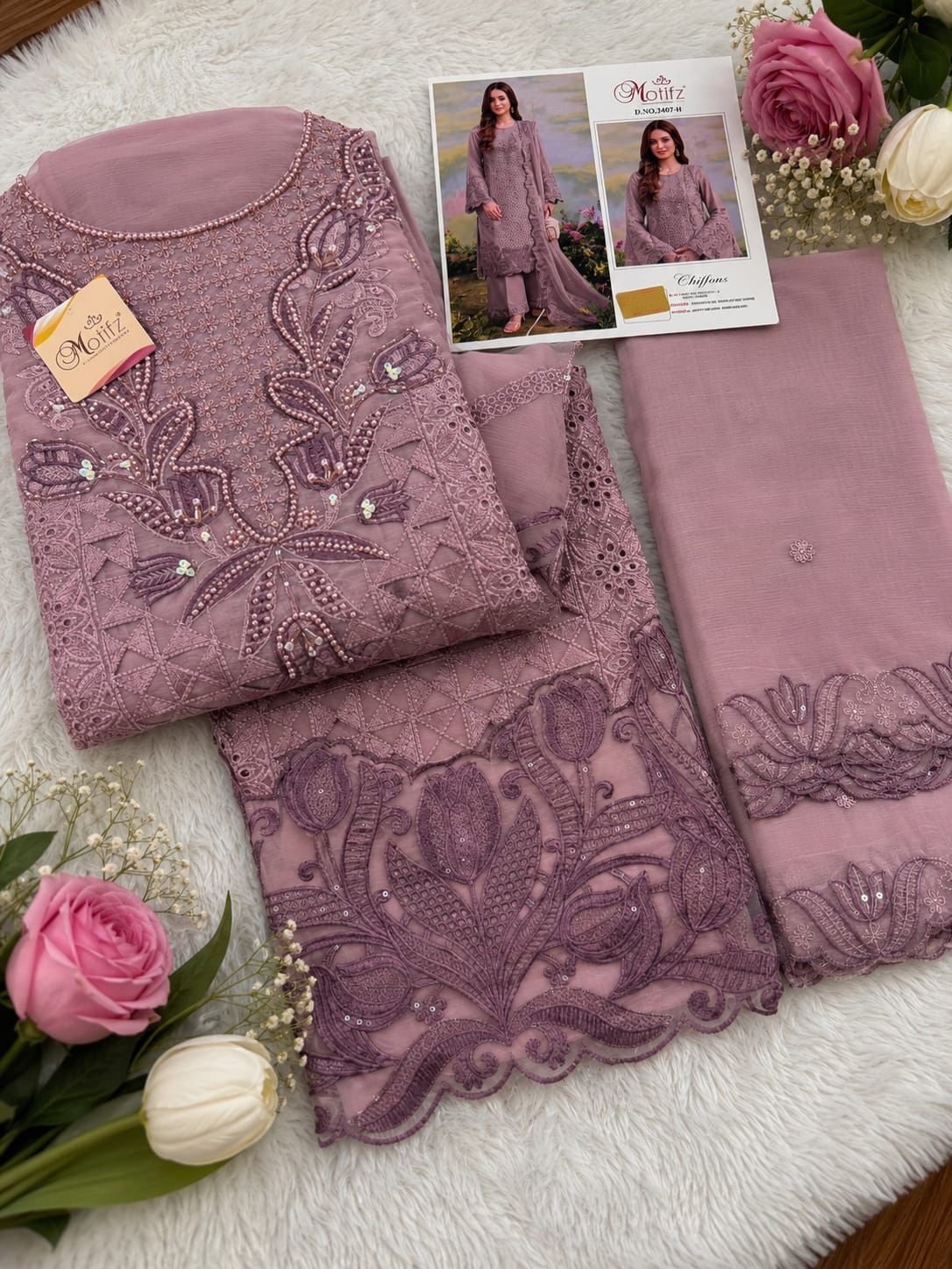 Chiffon Khatli Embroidered Churidar Material – Dusty Mauve