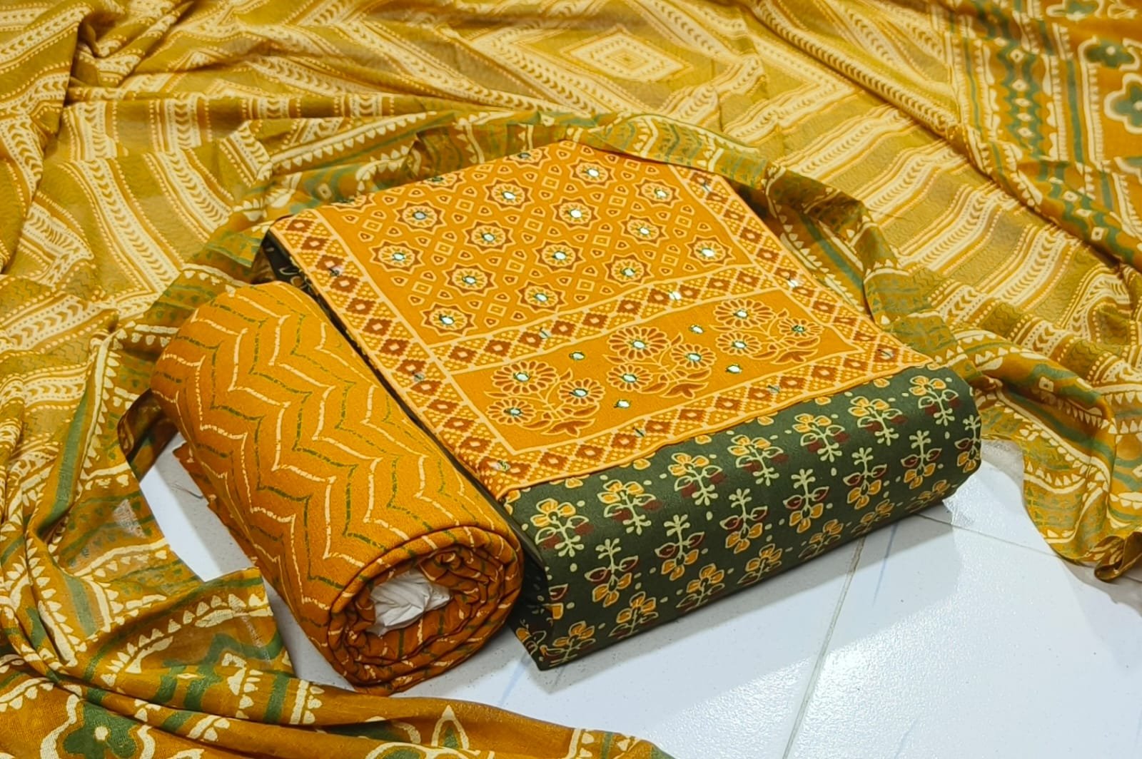 Cotton Ajrakh Patch Embroidered Churidar Material – Mustard