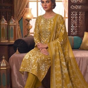 Pure Jaam Satin Embroidered Churidar Material – Mustard & Ivory Leaf