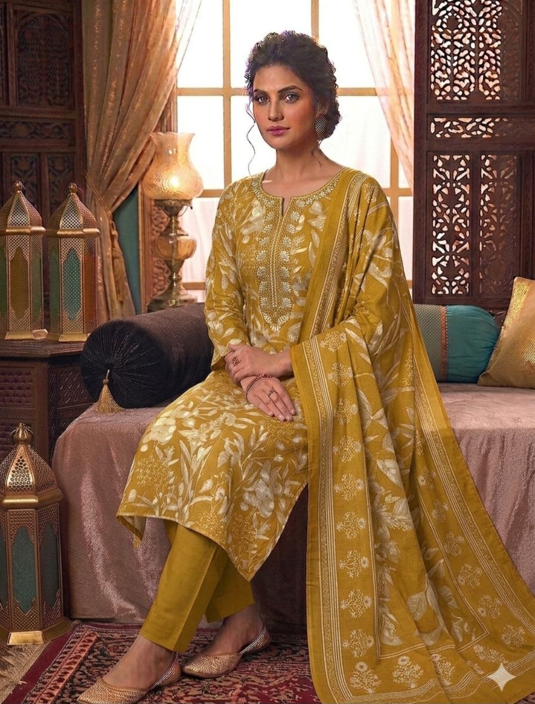 Pure Jaam Satin Embroidered Churidar Material – Mustard & Ivory Leaf