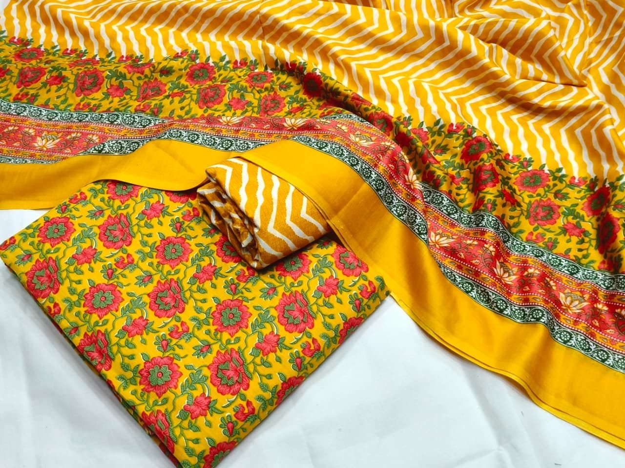 Original Rayon Jaipuri Print Churidar Material – Mustard & Red Floral