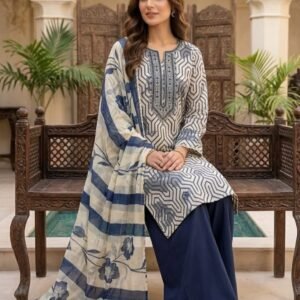 Pure Jaam Satin Embroidered Churidar Material – Navy & White Geometric