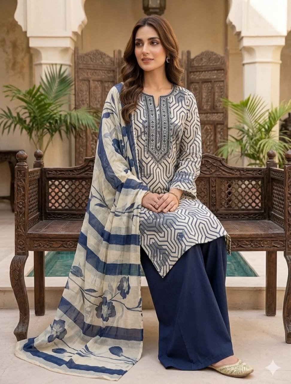 Pure Jaam Satin Embroidered Churidar Material – Navy & White Geometric