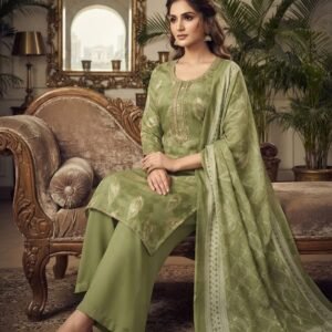 Pure Jaam Satin Embroidered Churidar Material – Sage Leaf