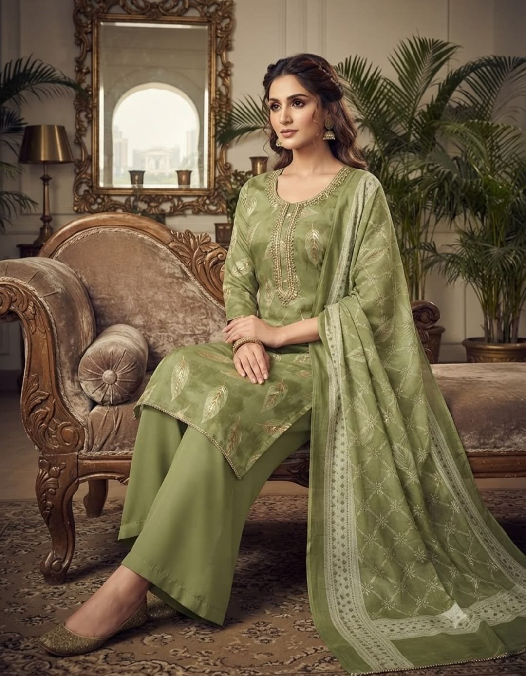 Pure Jaam Satin Embroidered Churidar Material – Sage Leaf