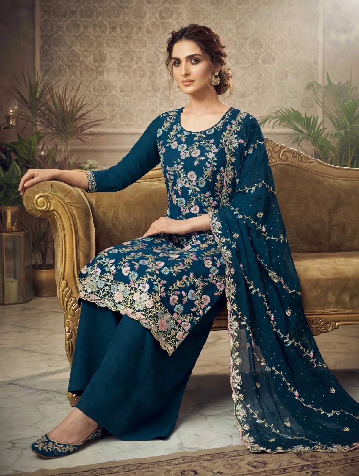 Soft Georgette Heavy Embroidered Churidar Material – Teal